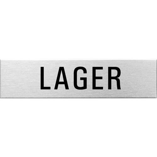 Eckiges Textschild mit der Aufschrift Lager in schwarzer Schrift auf silbernem Hintergrund