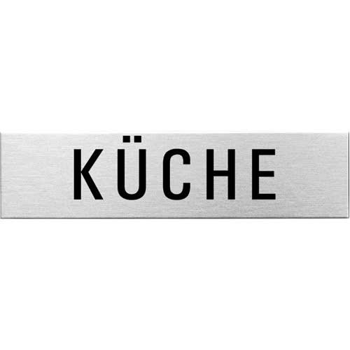 Eckiges Textschild mit dem Schriftzug Küche in schwarzer Schrift auf weißem Hintergrund