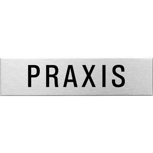 Eckiges Textschild mit der Aufschrift Praxis aus gebürstetem Metall
