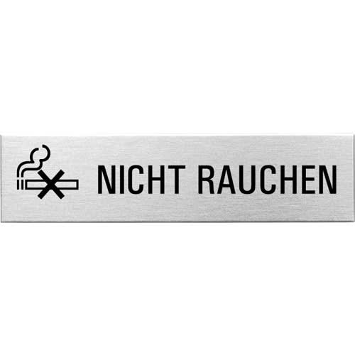 Textschild mit Symbol und Schriftzug Nicht Rauchen in Schwarz auf silbernem Hintergrund