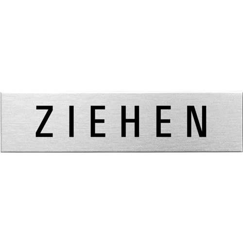 Eckiges Textschild mit dem Schriftzug Ziehen in schwarzer Schrift auf silbernem Hintergrund