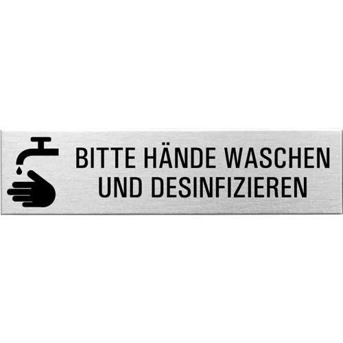 Textschild mit Symbol und Aufschrift Bitte Hände waschen und desinfizieren, eckig