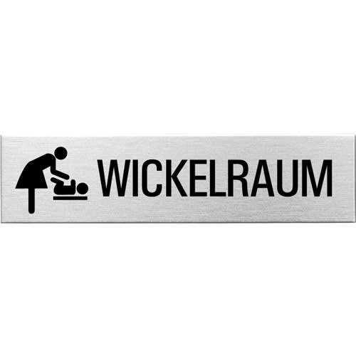 Textschild mit Symbol einer Frau, die ein Baby wickelt, und dem Schriftzug Wickelraum
