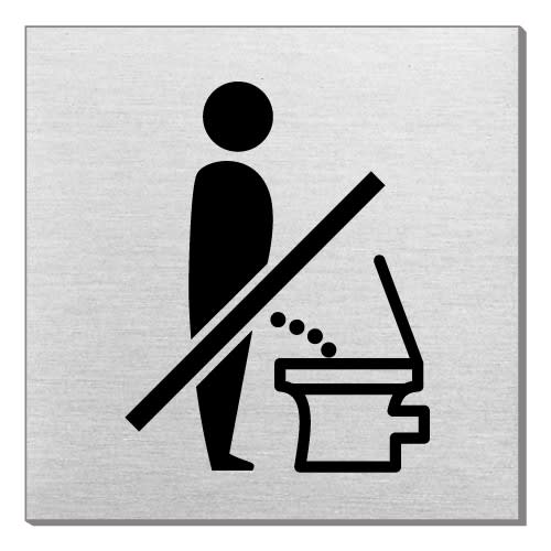 Piktogramm zeigt, dass die Toilette nicht im Stehen benutzt werden soll, quadratisches Schild mit schwarzem Symbol auf grauem Hintergrund
