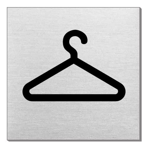 Piktogramm einer Garderobe mit Kleiderbügel auf quadratischem Hintergrund