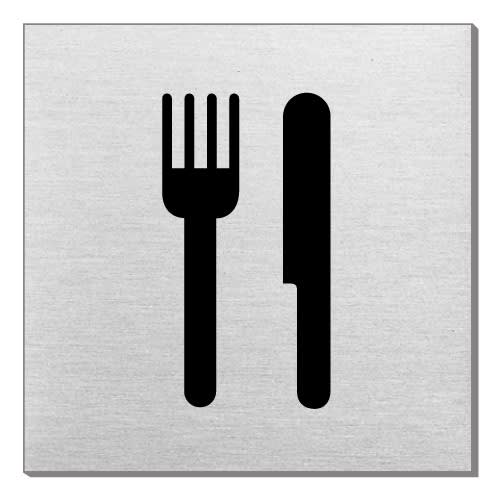 Schwarzes Piktogramm mit Gabel und Messer auf quadratischem hellgrauem Hintergrund, Symbol für Essen oder Speisesaal