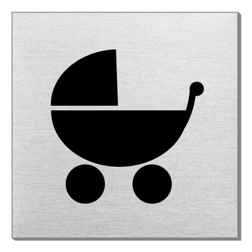 Schwarzes Piktogramm eines Kinderwagens auf quadratischem hellgrauem Hintergrund