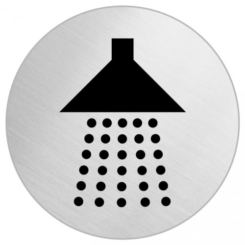 Rundes Piktogramm mit schwarzem Duschsymbol auf silbernem Hintergrund