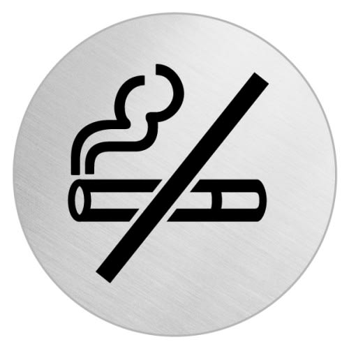 Piktogramm Rauchen verboten rund ohne Rand mit durchgestrichener Zigarette auf Metallhintergrund