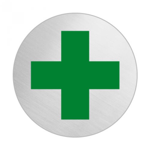 Rundes Piktogramm mit grünem Kreuz auf silbernem Hintergrund