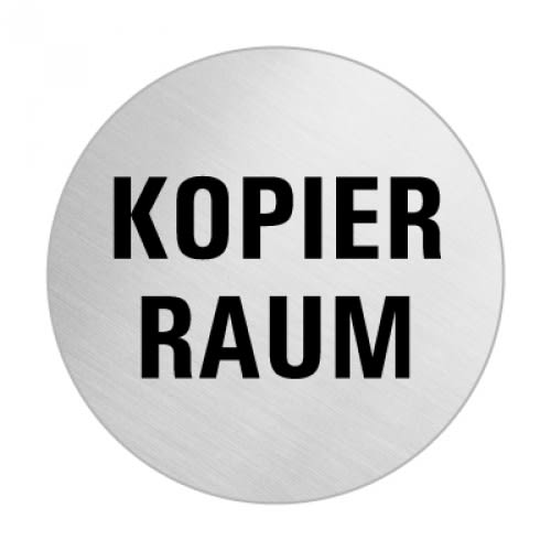 Rundes Textschild mit der Aufschrift Kopierraum in schwarzer Schrift auf silbernem Hintergrund