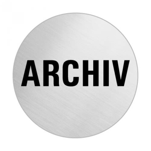 Rundes Textschild mit der Aufschrift ARCHIV in schwarzer Schrift auf silbernem Hintergrund