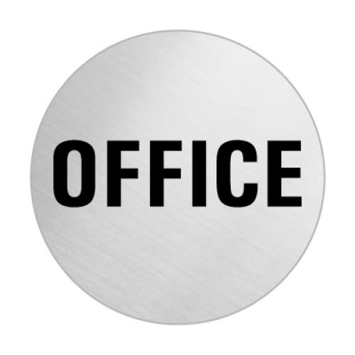 Rundes Textschild mit der Aufschrift OFFICE aus gebürstetem Metall