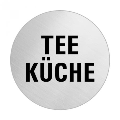 Rundes Textschild aus Metall mit der Aufschrift Tee Küche in schwarzer Schrift