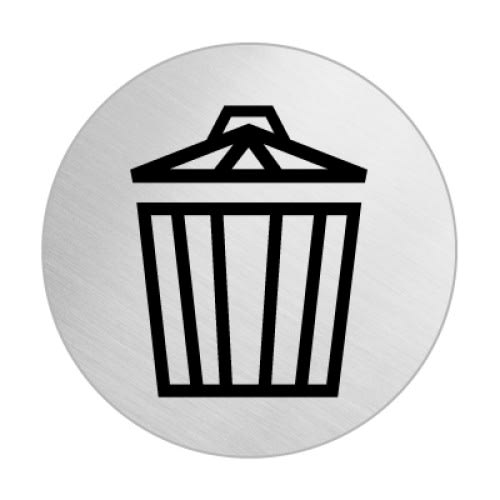 Piktogramm Mülleimer Symbol auf rundem Metall-Schild