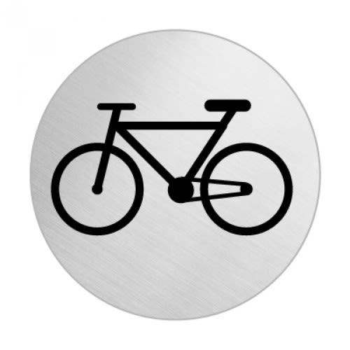 Piktogramm Fahrrad schwarz auf rundem silbernem Hintergrund