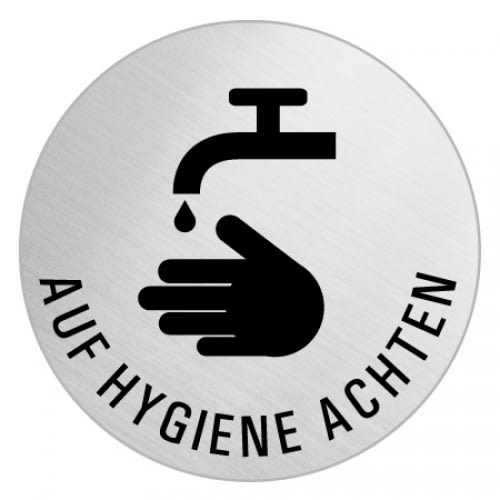 Piktogramm Auf Hygiene achten mit Symbol einer Hand unter Wasserhahn und Wassertropfen