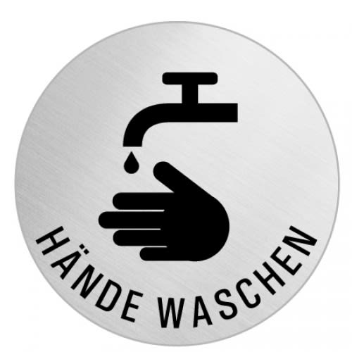Piktogramm Hände waschen mit Wasserhahn und Hand Symbol auf rundem Metallzeichen