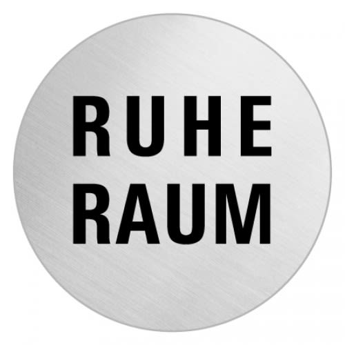Rundes Textschild mit der Aufschrift Ruhe Raum in schwarzer Schrift auf silbernem Hintergrund