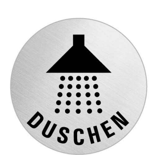 Rundes Textschild mit Duschsymbol und Schriftzug Duschen auf Metall