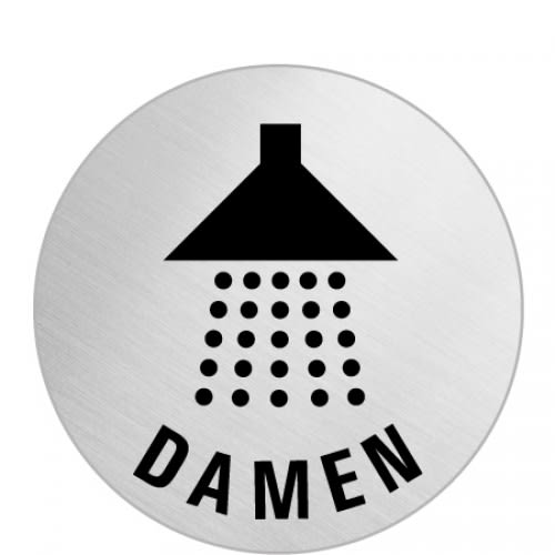 Rundes Textschild mit Duschsymbol und Schriftzug Damen aus Metall