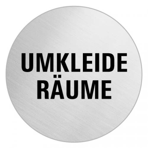 Rundes Textschild aus Metall mit der Aufschrift Umkleide Räume in schwarzer Schrift