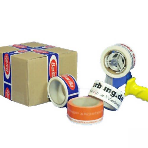 Paketband und Verpackungsband mit individuellem Firmenlogo auf Kartonverpackungen und Abroller
