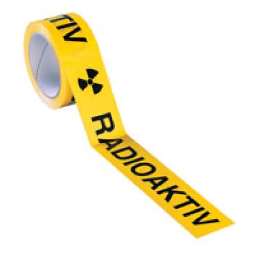 Gelbes Paketband mit schwarzem Warnhinweis und Radioaktiv-Symbol