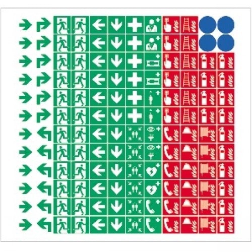 Sammelbogen mit 144 Sicherheits- und Warnsymbolen gemäß ISO 7010, inklusive Fluchtweg-, Erste-Hilfe- und Brandschutzzeichen in grün, rot und blau