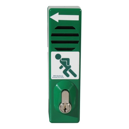 Grüner Schwenk-Türwächter mit eingebautem Profilhalbzylinder und Notausgangssymbol