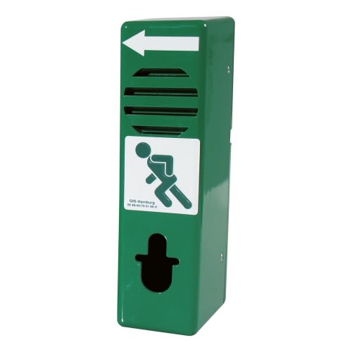 Grüner Schwenk-Türwächter vorgerichtet für Profilhalbzylinder mit Pfeil und Notausgangssymbol