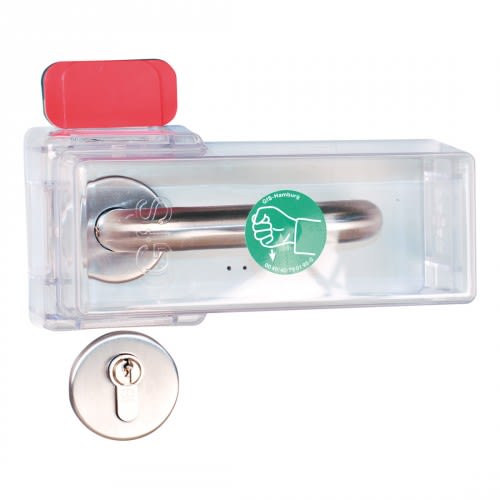 Fluchttürhaube Typ K aus transparentem Kunststoff mit rotem Griff und integriertem Schloss