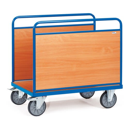 FETRA Ballenwagen 2541 mit blauer Metallrahmen und Holzplatten, Tragkraft 600 kg, vier Lenkrollen