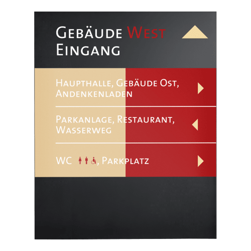 MADRID Black Line Außenaufsteller mit Wegweiser zu Gebäude West Eingang, Haupthalle, Gebäude Ost, Andenkenladen, Parkanlage, Restaurant, Wasserweg, WC und Parkplatz