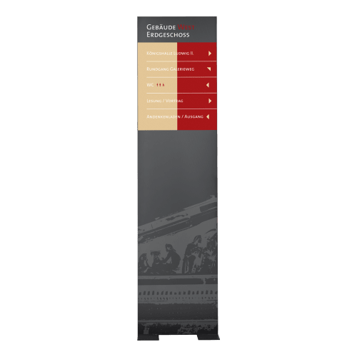 MADRID Black Line Innenaufsteller mit Wegweiser für Gebäude West Erdgeschoss, inklusive Hinweisen zu Königshalle Ludwig II, Rundgang Galerieweg, WC, Lesung/Vortrag und Andenkenladen/Ausgang
