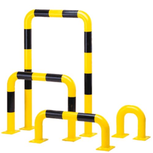 Rammschutzbügel WACHTWERK X aus Stahl in Stärke S mit Ø 76 mm, gelb-schwarz gestreift