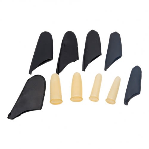 Fingerlinge aus schwarzem und beigem Material in verschiedenen Größen, zum Schutz der Finger