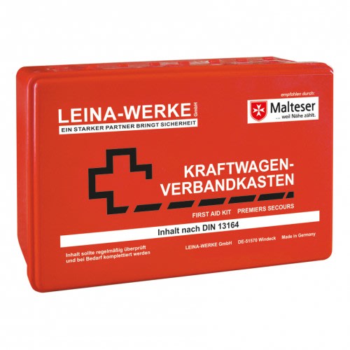 Roter KFZ Verbandkasten Standard von LEINA-WERKE mit Malteser Logo, Inhalt nach DIN 13164