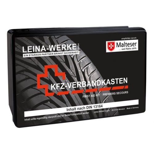 KFZ Verbandkasten Fotodruck von LEINA-WERKE mit rotem Kreuz und Reifenmuster, empfohlen von Malteser, Inhalt nach DIN 13164