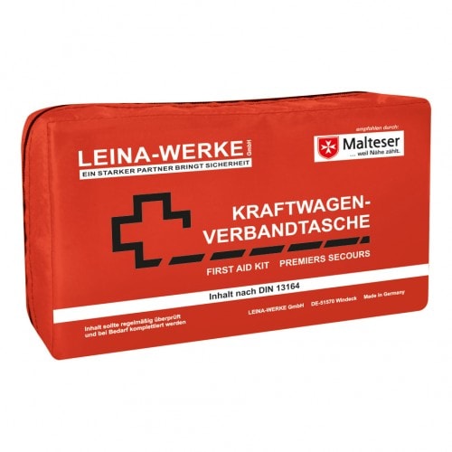 Rote KFZ Verbandtasche Compact von LEINA-WERKE mit Malteser Logo, Kraftwagen-Verbandtasche nach DIN 13164