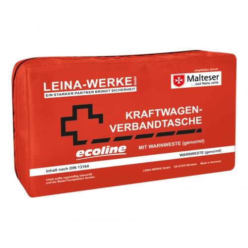 Rote KFZ Verbandtasche Compact von Leina-Werke mit Warnweste, empfohlen von Malteser, mit Inhalt nach DIN 13164
