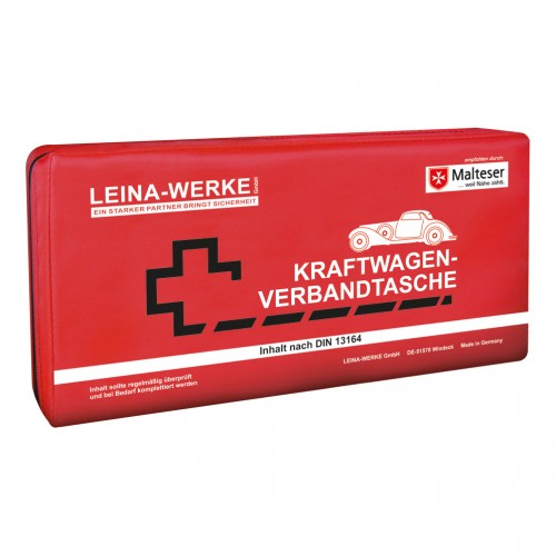 Rote KFZ Verbandtasche Elegance von LEINA-WERKE mit Malteser Logo und Aufschrift Kraftwagen-Verbandtasche