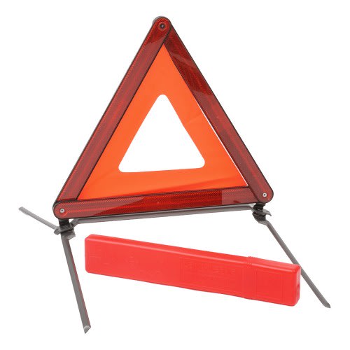 Warndreieck EURO Mini mit rotem reflektierendem Rand und orangefarbener Mitte, aufklappbar mit Stützfüßen