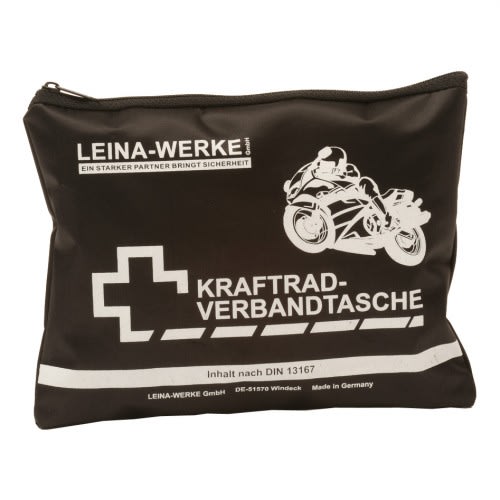Kraftrad-Verbandtasche Typ I von LEINA-WERKE mit Motorrad-Symbol und DIN 13167 Inhalt