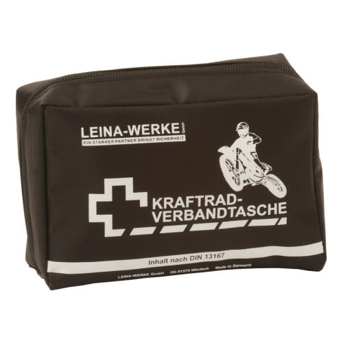 Kraftrad-Verbandtasche Typ II von LEINA-WERKE mit Motorrad-Symbol und DIN 13167 Inhalt