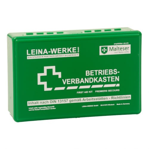 Grüner Betriebsverbandkasten von LEINA-WERKE nach DIN 13157 mit Malteser Logo