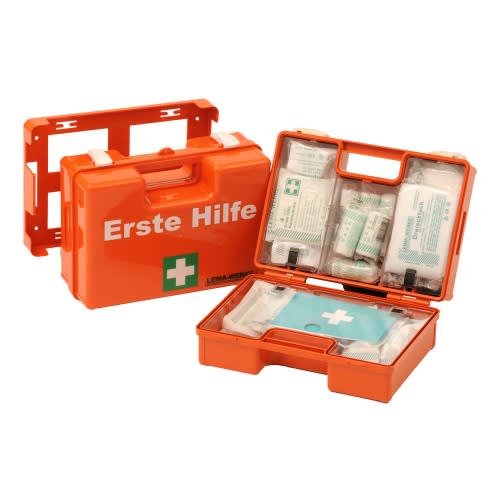 Oranger Erste-Hilfe-Koffer QUICK mit Erste Hilfe Aufschrift und Verbandmaterial geöffnet und geschlossen