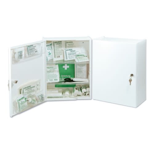 Offener Verbandschrank CURA mit Erste-Hilfe-Material und abschließbarem weißen Metallgehäuse