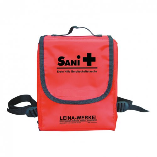 Rote Erste-Hilfe-Bereitschaftstasche SANI mit schwarzem Schriftzug und Kreuz, Tragegriff und Schultergurten