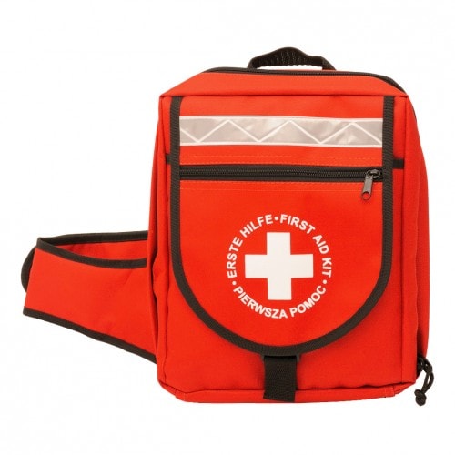 Roter Erste-Hilfe-Notfallrucksack mit weißem Kreuz und reflektierendem Streifen